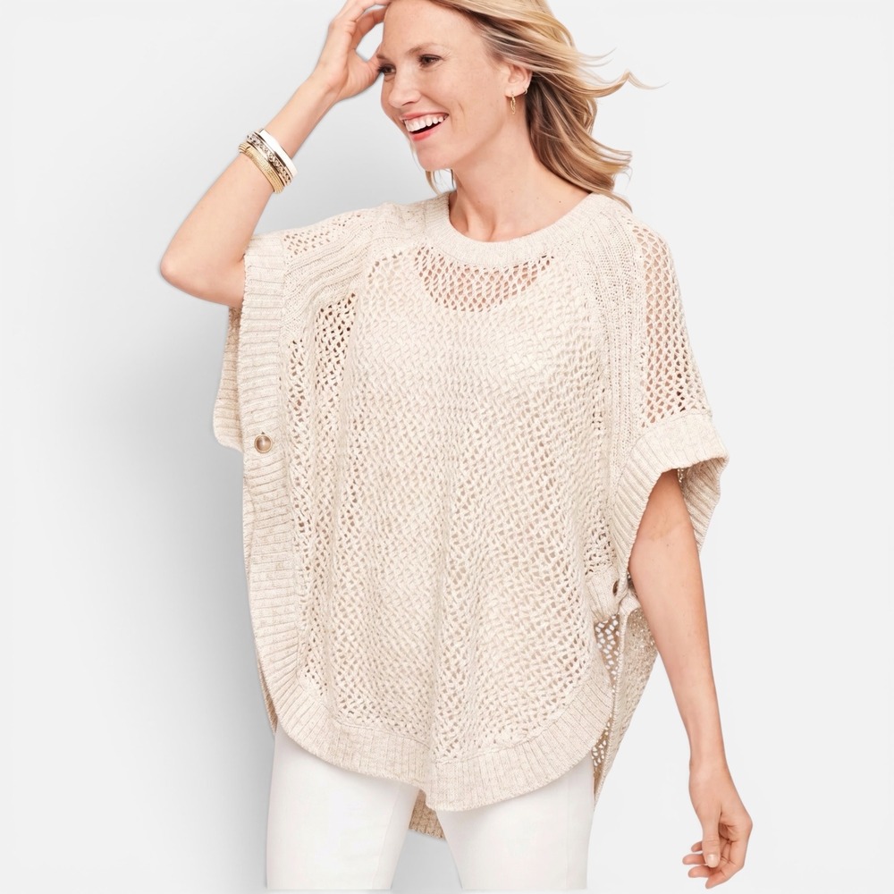 TALBOTS NWOT Open Stitch Poncho‎ in Rattan, Large, Bohemian Neutral Knit